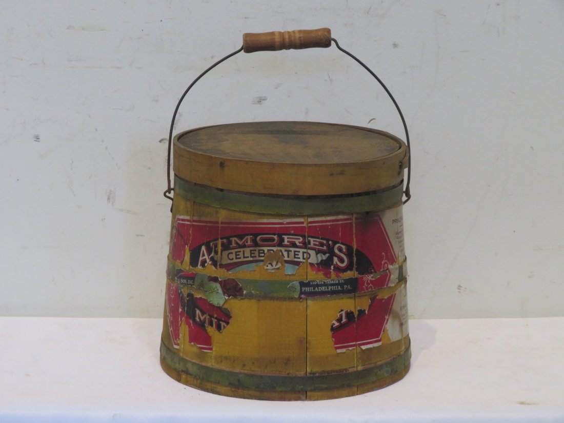 Firkin in old mustard paint with original label for mince meat: Firkin in old mustard paint with original label for mince meat, laps are stapled, wire bale and wooden handle, 8"T x 8.5"D (excluding bale)