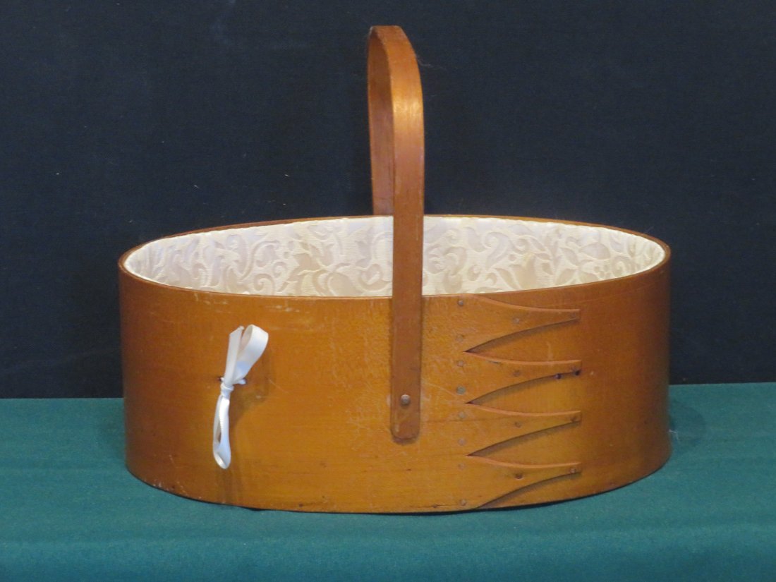 Shaker sewing carrier with handle and satin interior: Shaker sewing carrier with handle and satin interior, 4.5"T x 12"L x 8.5"D (excluding handle) Ex. Late Morris Ferguson Collection