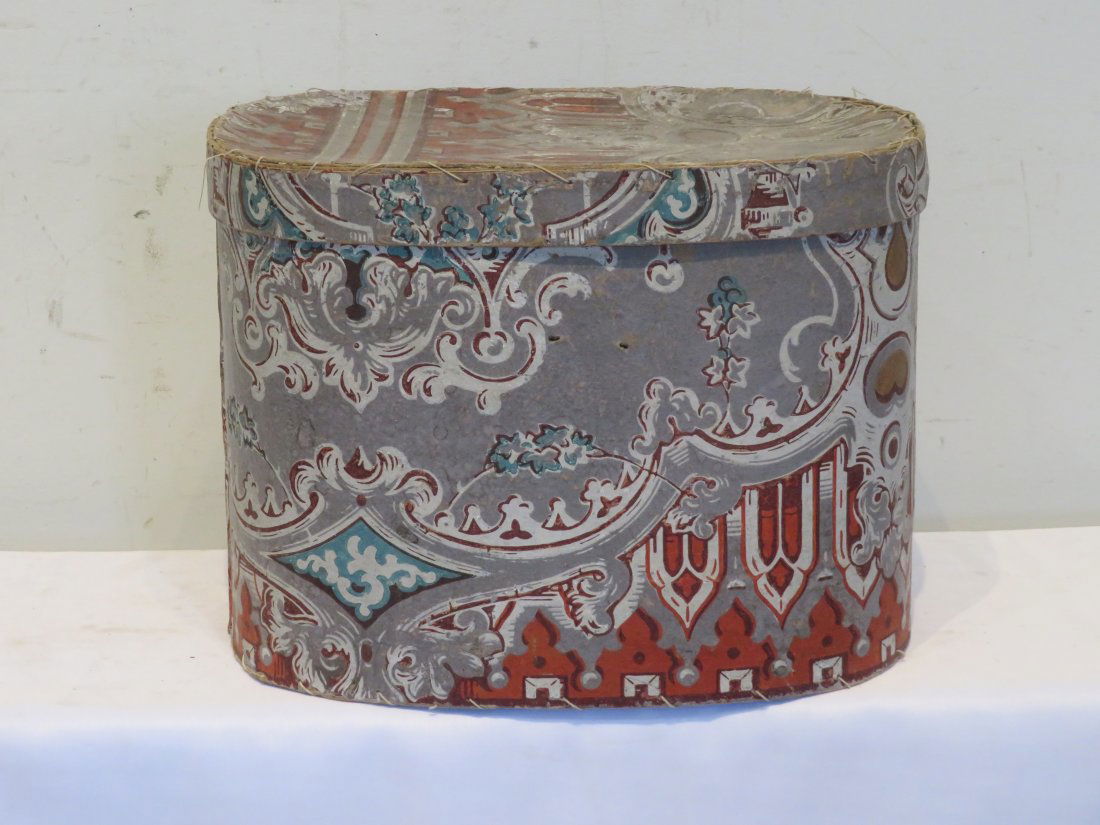 19th century wallpaper covered band box with gothic revival design (1 of 5)