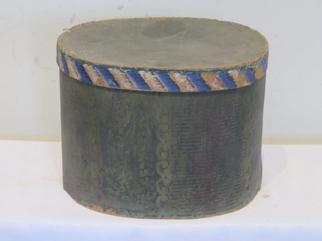 Wallpaper covered band box lined with 1869 Philadelphia newspaper (1 of 6)