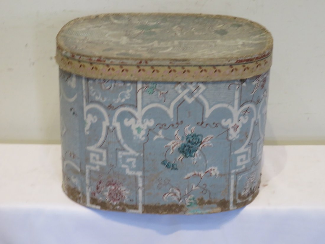 Wallpaper covered band box lined with newspaper (1 of 7)