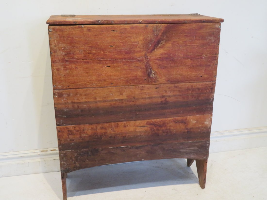 Early pine feather tick storage chest: Early pine feather tick storage chest with boot jack ends, 41.5"T x 35"W x 13.5"D