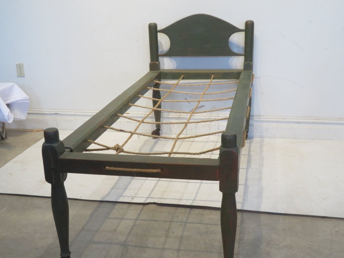Shaker single brother's rope bed in old green paint (1 of 5)