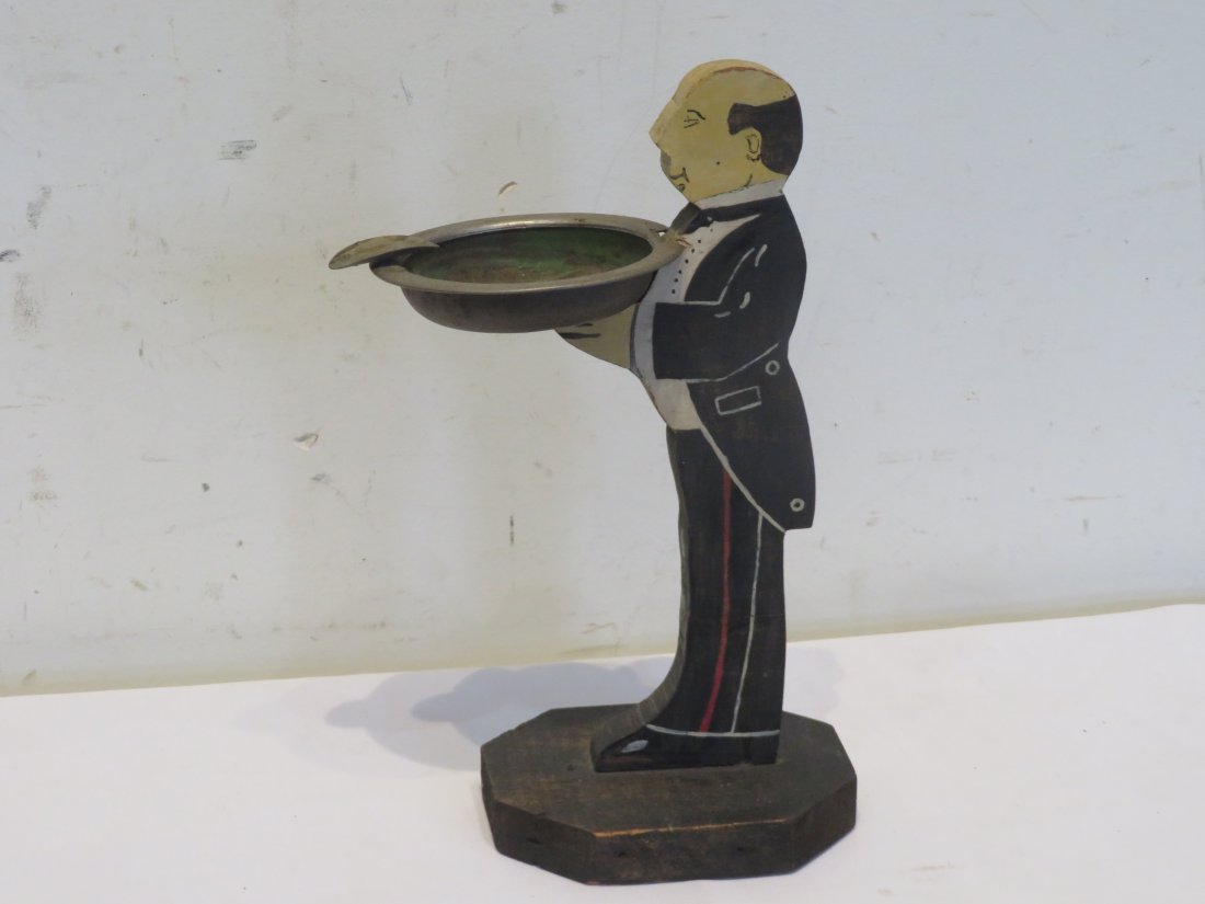 Unusual mini smoking stand with a butler: Unusual mini smoking stand with a butler, dated Sept. 21, 1929, 11"T x 7"W x 4.5"D