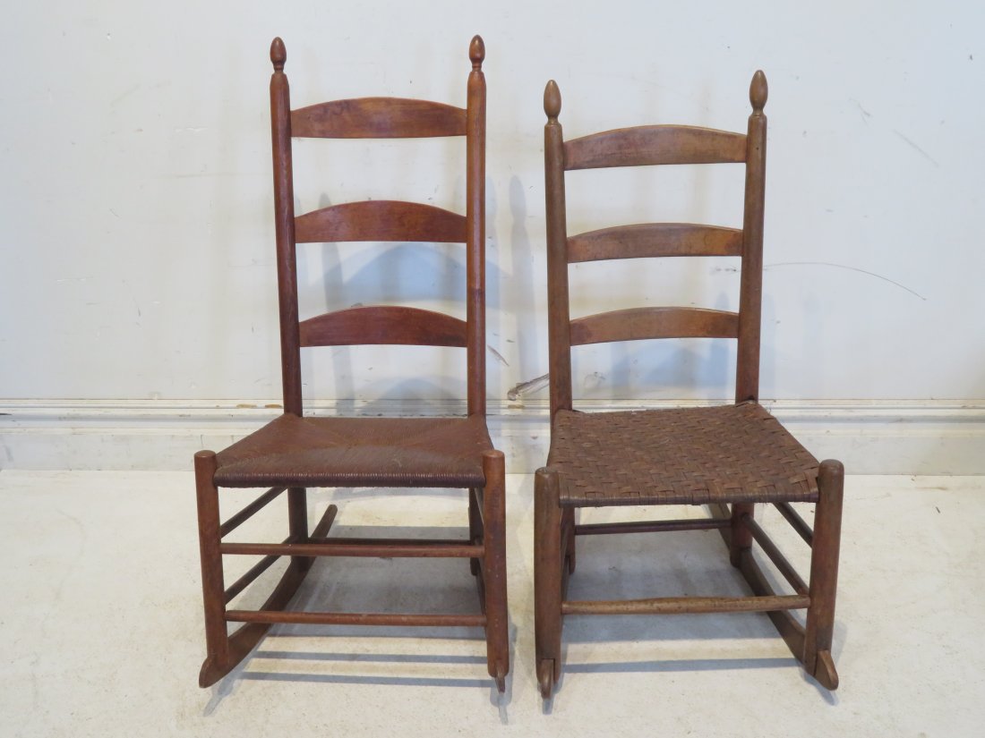 2 Shaker rockers: 2 Shaker rockers, one attributed to Watervliet and the other attributed to Enfield, NH, taller is 38"T x 19"W x 24"D and smaller is 36"T x 18.5"W x 27"D. Ex. Late Morris Ferguson Collection