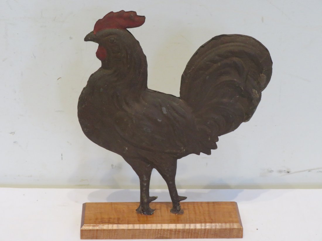 Tin rooster with red painted cone and bib: Tin rooster directional with red painted cone and bib, mounted on a tiger maple board, original surface and paint, ca. 1900, 14.5"T x 11"L x 1.5"W