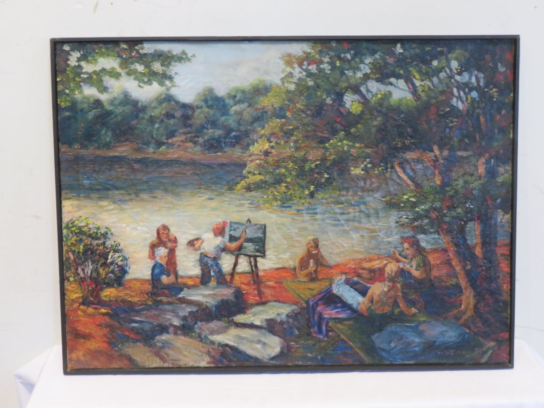 O/C impressionist painting of a picnic on river (1 of 5)