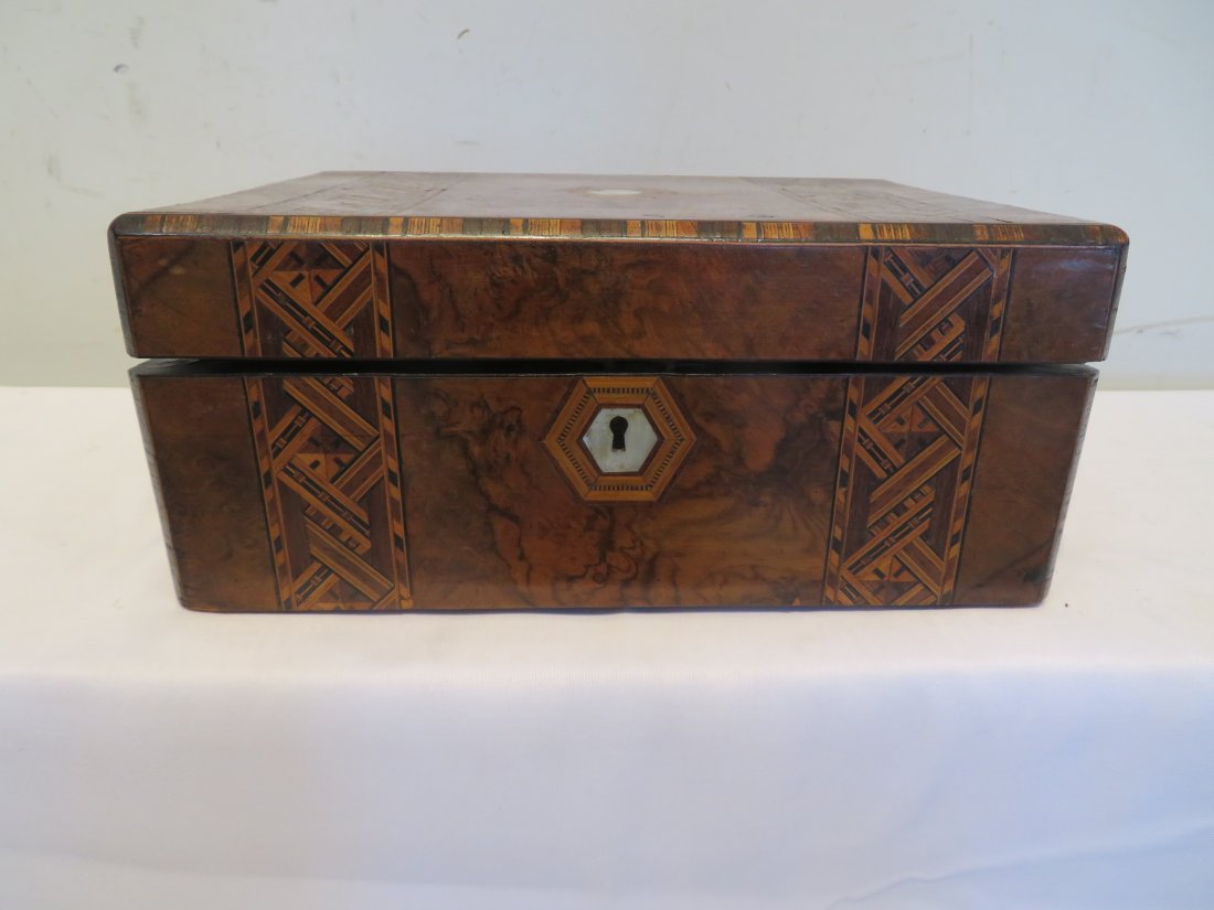 19th century English travel desk: 19th century English travel desk, burl walnut with inlay and MOP insets, nice fitted interior, 5" x 11 3/4" x 8 3/4"