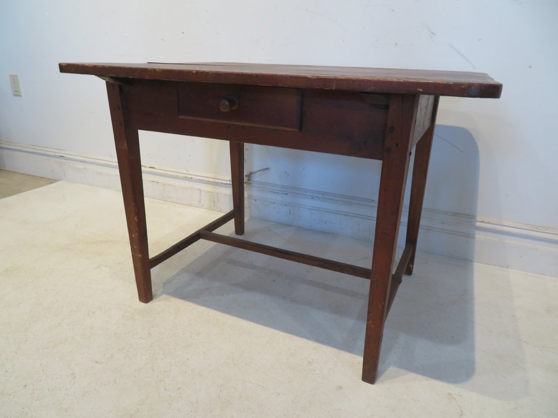 Early pine stretcher base tavern table with drawer (1 of 9)