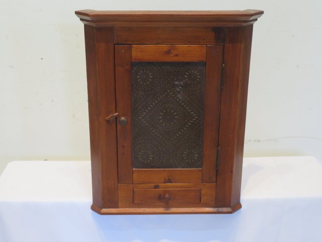 Pine hanging corner cabinet with punched tin door (1 of 4)