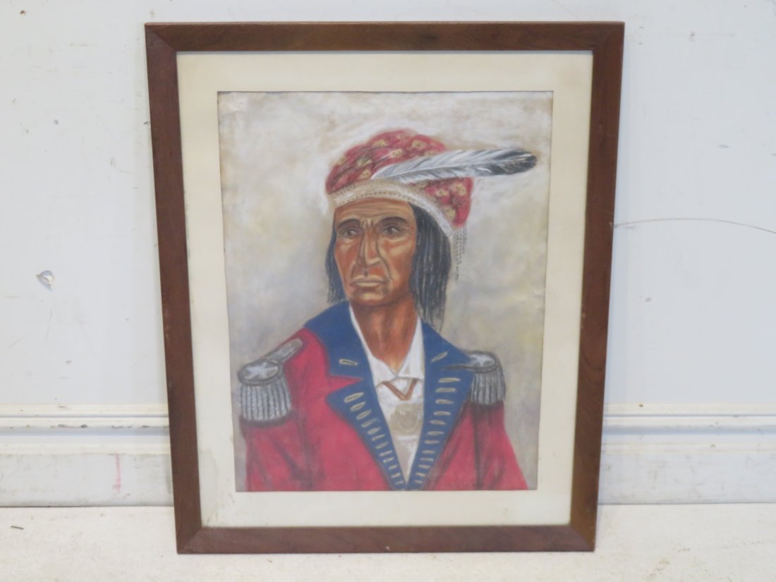 20th century chalk portrait of Shawnee Chief Tecumseh: 20th century chalk portrait of Shawnee Chief Tecumseh, signed Ruth M. Ade (Lafayette, IN), sight 23"T x 17"W, overall 30.5"T x 24.5"W