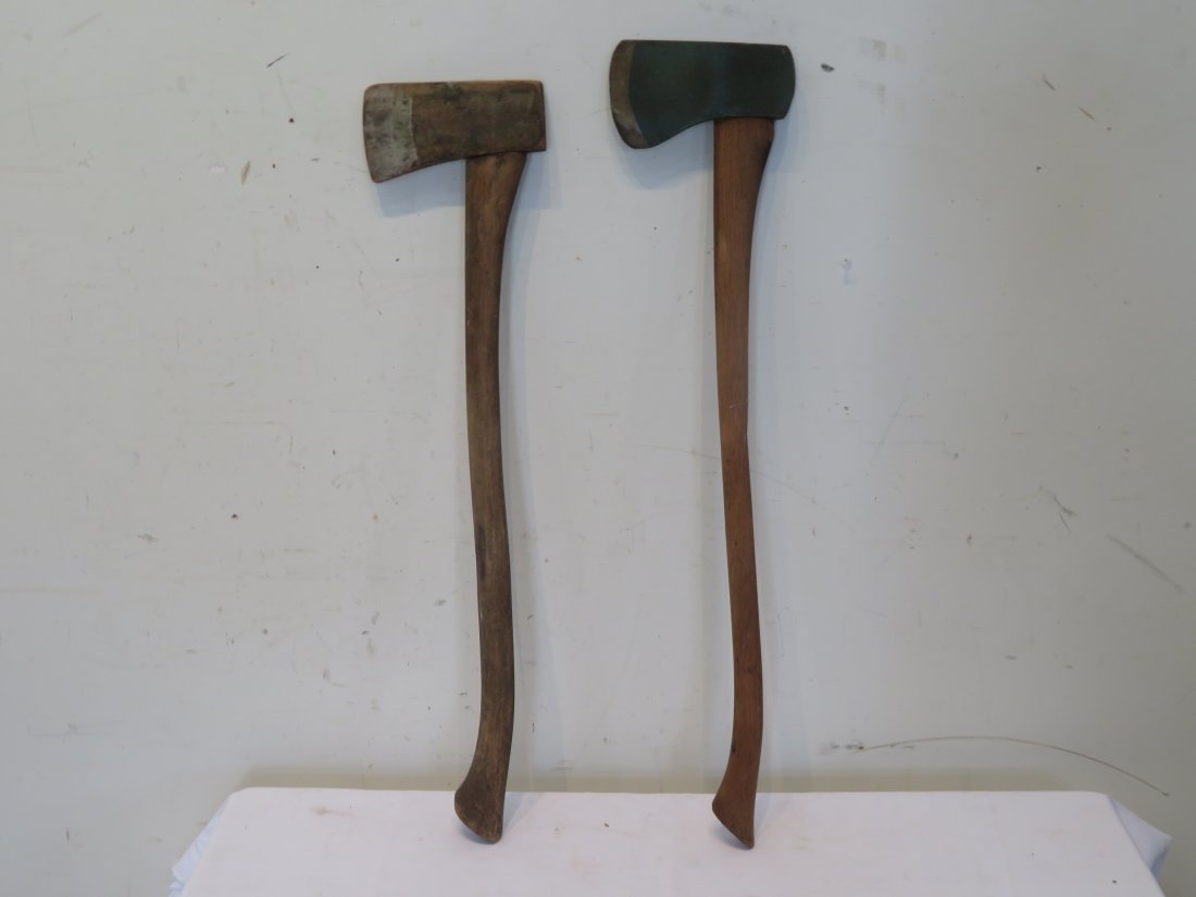2 old lodge axes: 2 old lodge axes, one has green paint 35"L, and the other is natural with gray