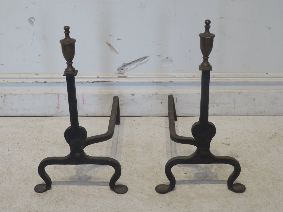 Pair of cast iron and brass andirons: Pair of cast iron and brass andirons, 21.5"T x 11.5"W x 19.5"L