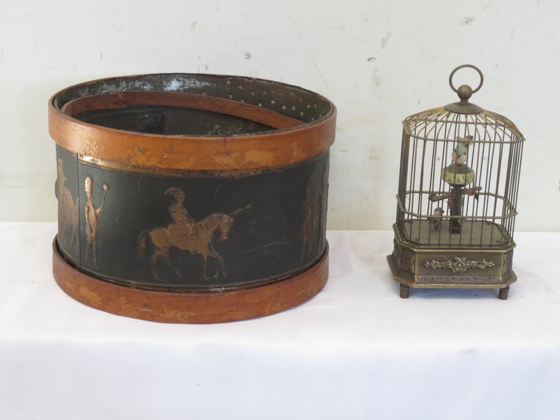 Tin and wood toy drum and brass birdcage clock (1 of 3)
