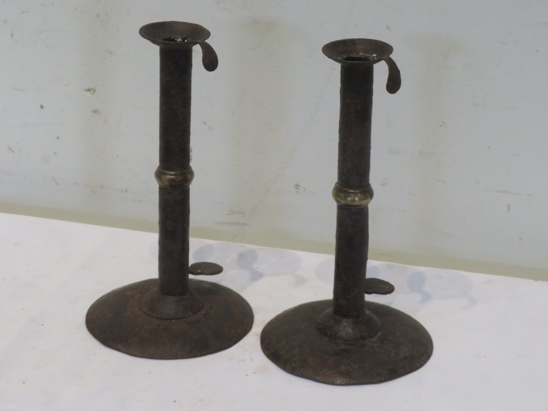 19th century iron wedding ring hogscraper candlesticks (1 of 4)