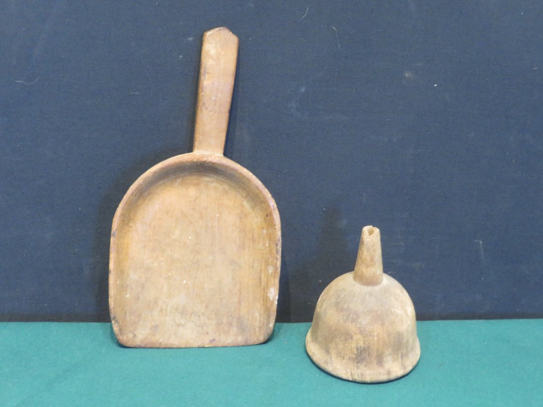 2 pcs of woodenware - early wood scoop and wood funnel: 2 pcs of woodenware - early wood scoop 12.5"L and wood funnel, supposedly used as props in the movie "Patriot"