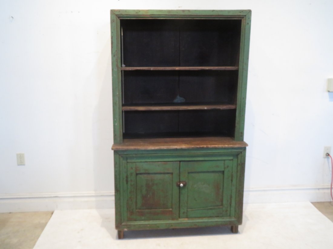 19th century poplar open top step back cupboard in old green paint (1 of 7)