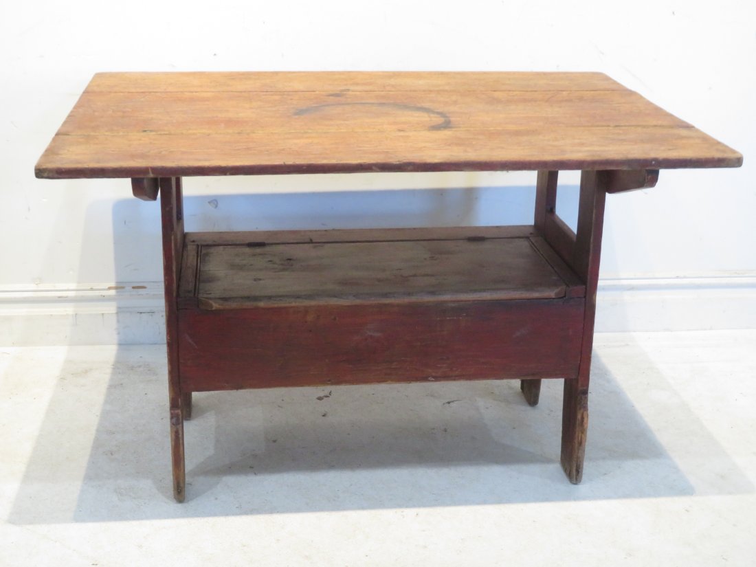 Early 19th century PA pine hutch table in old red paint (1 of 5)