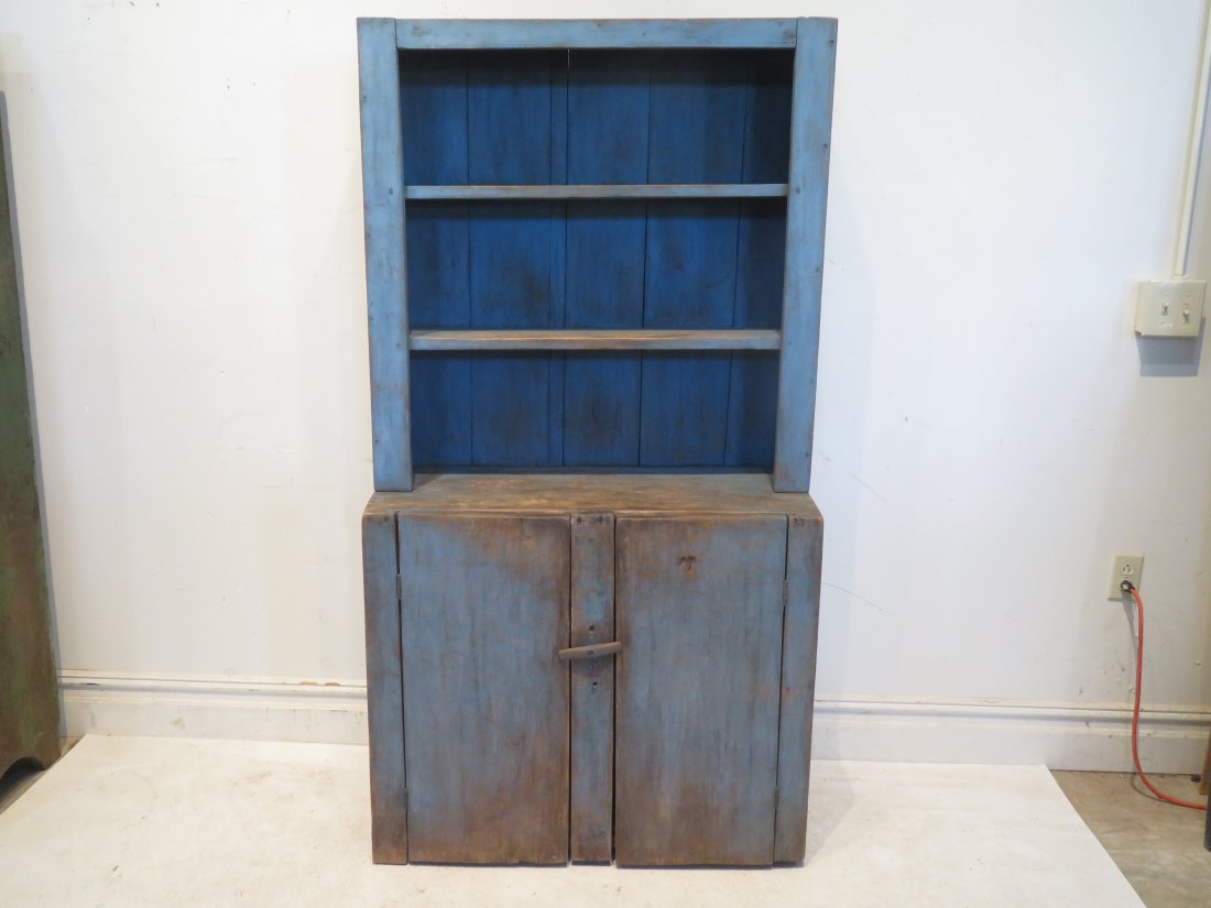 Pine open top step back cupboard in blue painted surface (1 of 6)
