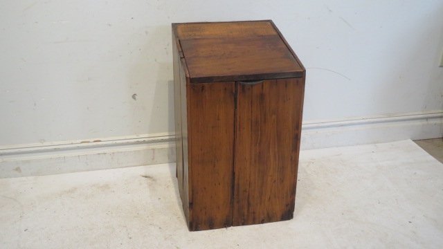 Pine slant lid coffee bin: Pine slant lid coffee bin, faint stenciling on side (but can't make out), refinished, 31"T x 18"W x 18"D