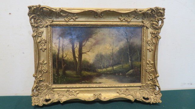 Oil on wood panel landscape painting with pond (1 of 5)