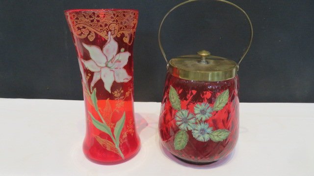 Cranberry biscuit jar and vase (1 of 6)
