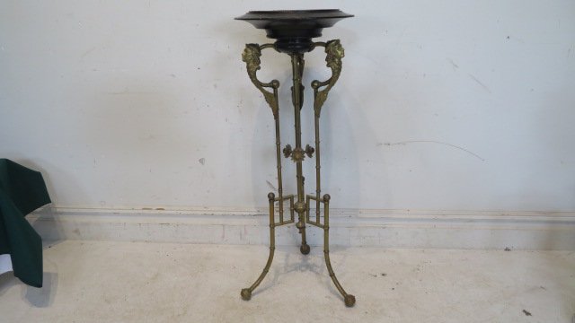 Brass and wood neo-classical calling card hall stand: Brass with wood dish top neo-classical calling card hall stand, oriental theme, 3 chinaman heads, 38 1/2" t., top 14 1/2" dia.