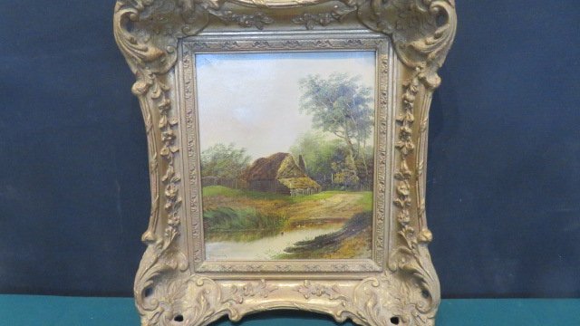 O/C landscape painting of thatched roof cottage on pond (1 of 8)