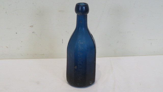Ca. 1850's cobalt J. & A. Dearborn Mineral Water bottle: Ca. 1850's cobalt blue iron pontil 8 sided 8" bottle with embossed J. & A. Dearborn, Mineral Waters, New York with embossed star and the word Union