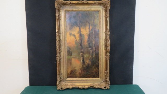 O/C landscape painting of trees and pond (1 of 7)