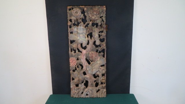 Chinese early relief carved temple panel: Chinese early relief carved temple panel with birds and flowers, 17" x 42" x 1 1/2"