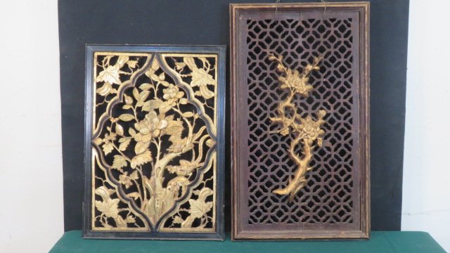 2 Chinese temple wood carved panels: 2 Chinese temple wood carved panels with vines and flowers in old paint, 15" x 26" and 15 1/2" x 21 1/2"