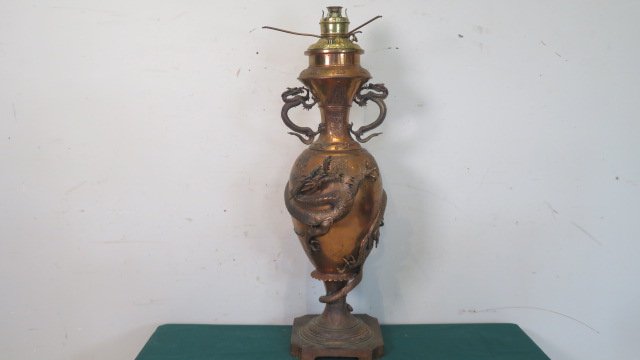 Large copper oriental lamp base with dragons (1 of 9)