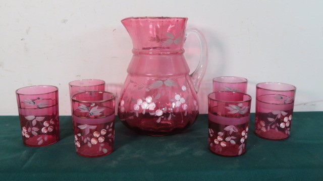 Victorian cranberry enameled water set with 6 tumblers (1 of 4)