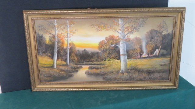 Pastel on paper landscape painting of campsite, signed Gunderson (1 of 6)