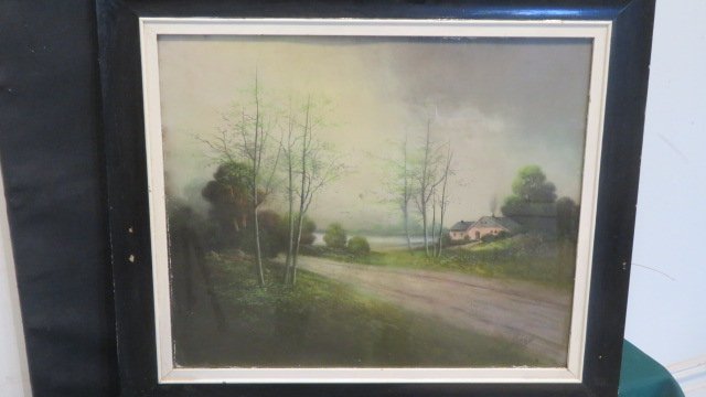 Pastel on paper landscape painting of cottage and lake signed Hayland (1 of 5)