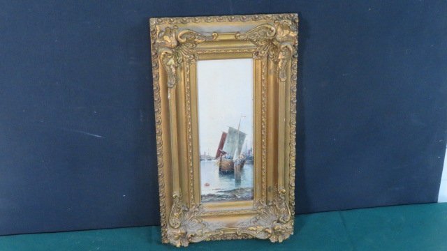 Oil on wood panel harbor scene painting signed (1 of 8)