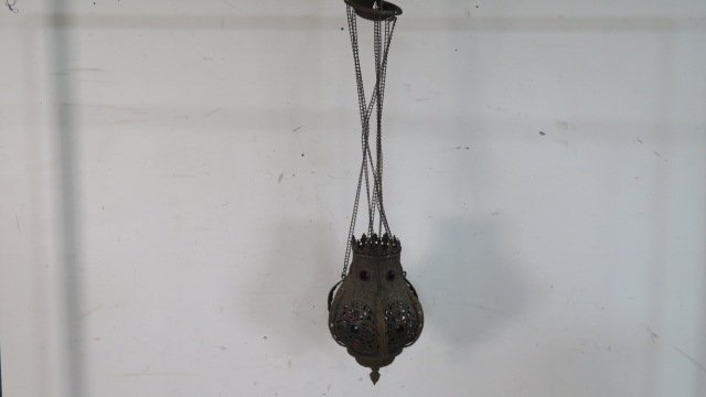 Brass Victorian ornate hanging fixture with jewels (1 of 4)