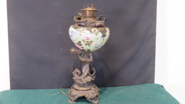 Late 19th century kerosene lamp base with hand painted font (1 of 4)