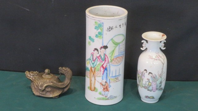3 oriental pcs: 2 Chinese vases and 1 oriental brass teapot (1 of 10)