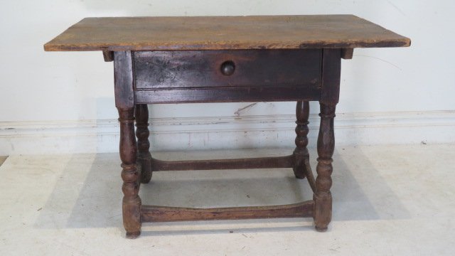 18th century PA stretcher base work table w/drawer (1 of 8)