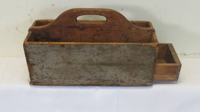 Wooden utensil carrier with drawer in old blue/gray paint (1 of 6)