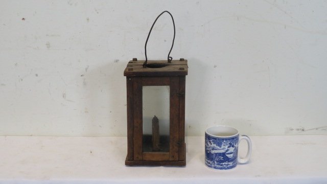 Early wood and glass candle lantern with wire handle (1 of 6)