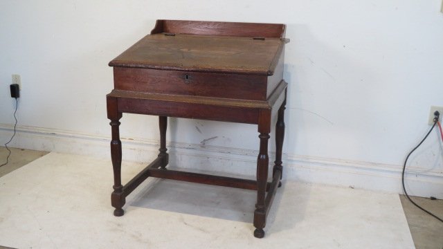 Early 19th century pine stretcher base schoolmaster slant lid desk (1 of 7)