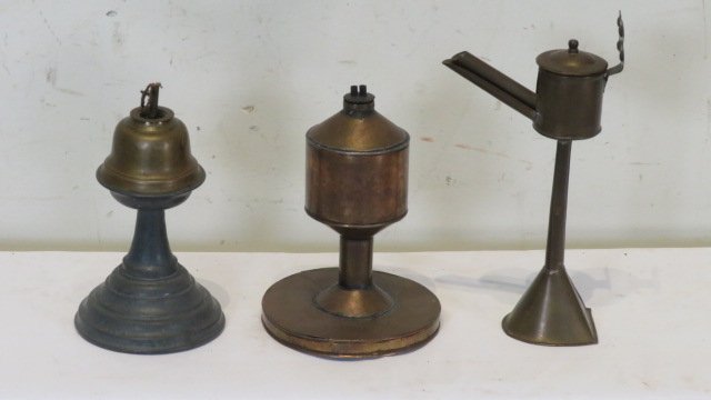 3 pcs of early lighting: 1 brass, 1 copper, and 1 pewter and brass (1 of 4)