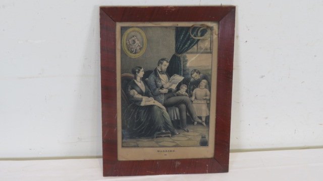 Mid 19th century Kellogg print "Married": Mid 19th century Kellogg print "Married", original frame and glass also there is a lock of hair in upper right corner, 16 1/2" x 12 1/2", provenance, the late Helen Kogan