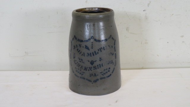 Jas. Hamilton stoneware wax sealer: Jas. Hamilton, Greensboro, Pa. stenciled stoneware was sealer with shield mark, 8"t. x 5 1/2" dia.