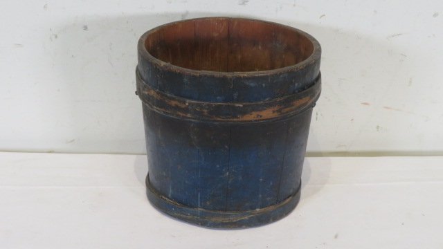 Wood firkin in old blue painted surface (1 of 5)
