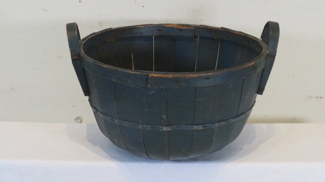 Wood bushel sized apple basket in old blue paint (1 of 4)
