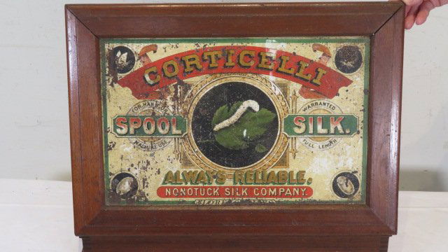 Walnut counter Corticelli spool cabinet with advertising on lid (1 of 4)